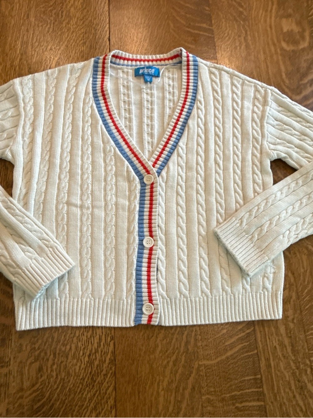 Prince Cream Cable Knit Cardigan with Red & Blue Stripe Trim